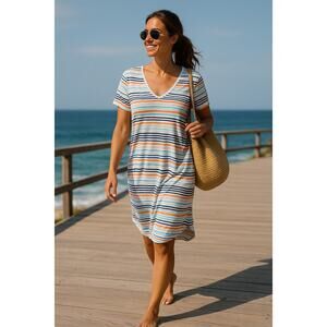 iCantoo Striped V-Neck T-Shirt Dress Women’s L Multicolor Lightweight Hem USA